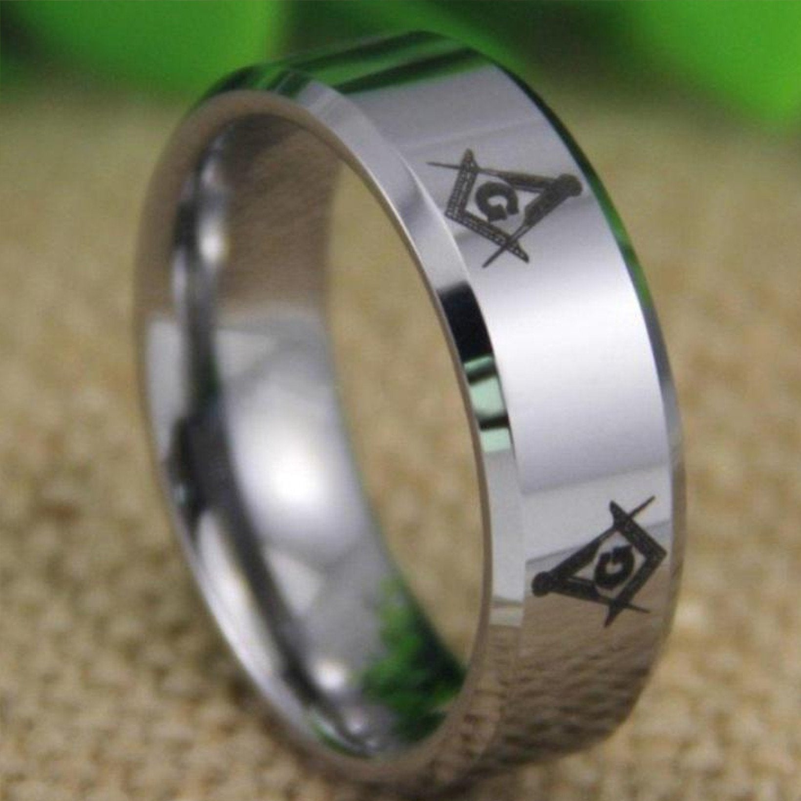 Master Mason Blue Lodge Ring - Silver Bevel Tungsten Personalizable