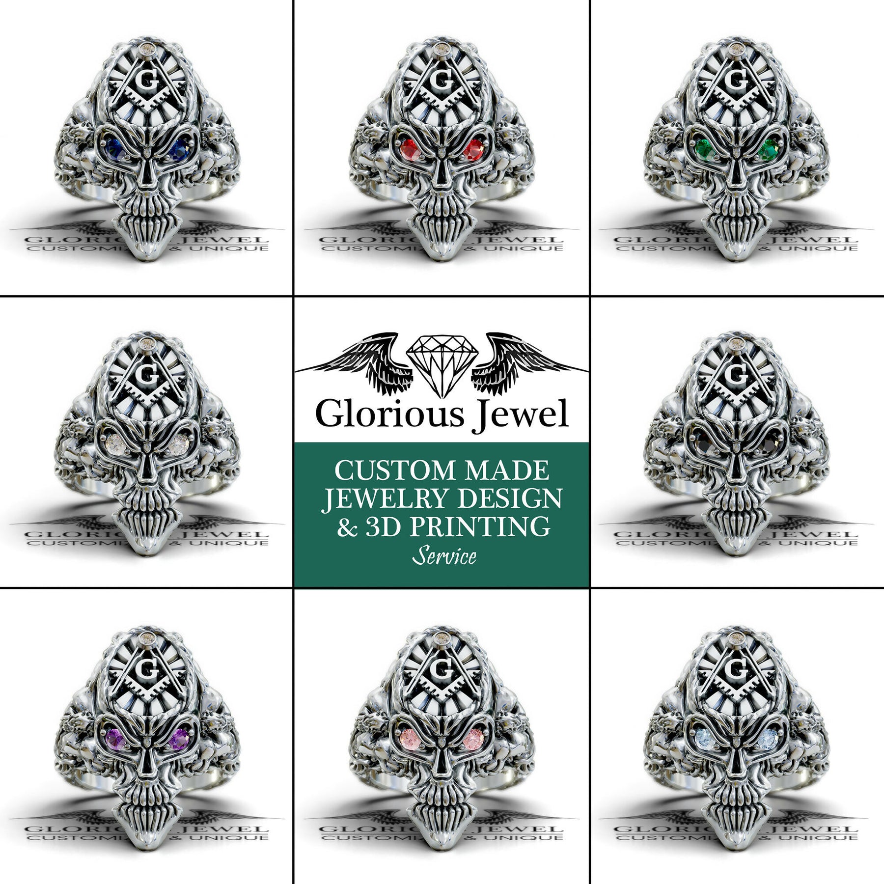 Master Mason Blue Lodge Ring - Skull Shape Various Colors & Materials - Bricks Masons