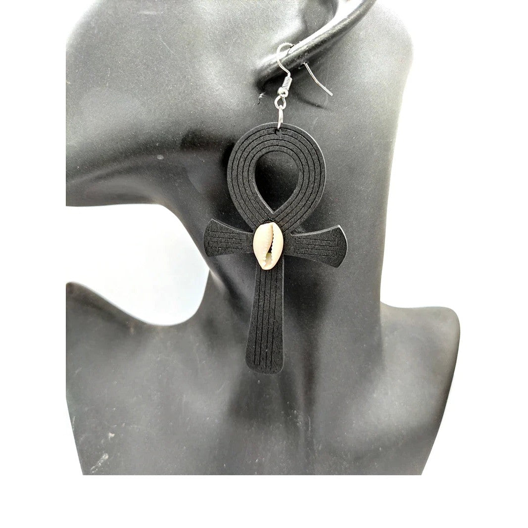 Ancient Egypt Earring - Black Wooden Ankh Cross (4pair)