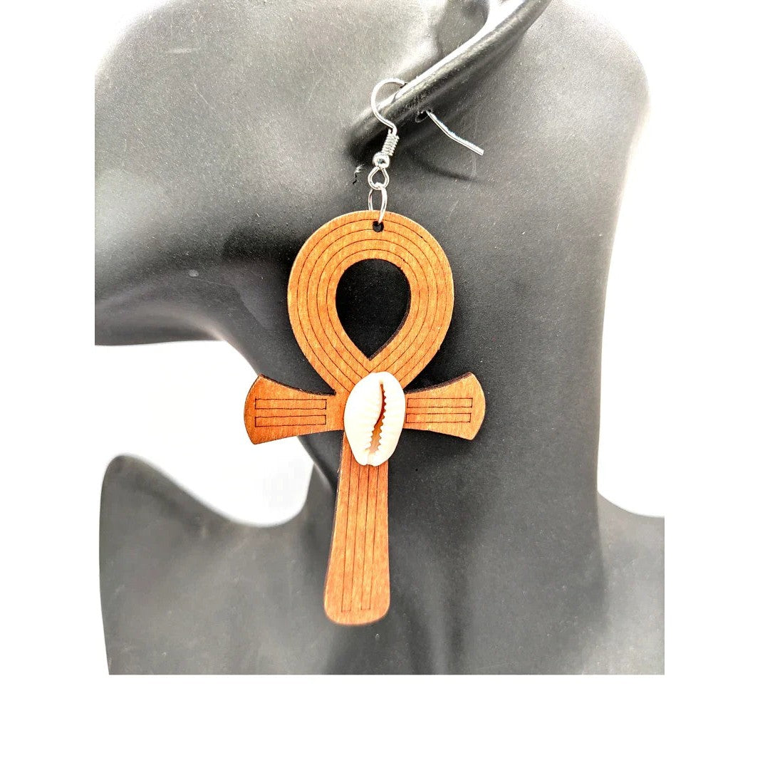 Ancient Egypt Earring - One Pair Orange Wooden Ankh Cross