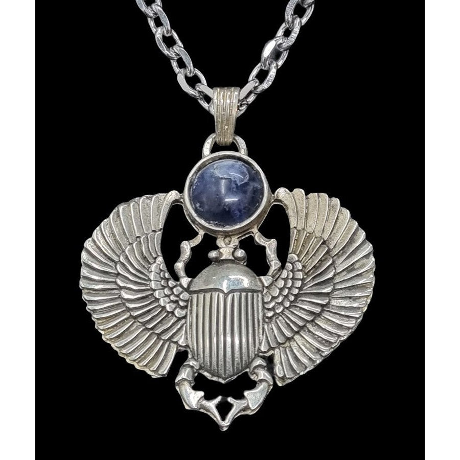 Ancient Egypt Pendant - Egyptian Winged Scarab Silver With Stone
