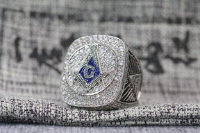 Master Mason Blue Lodge Ring - Sterling Silver Rhinestones With S&C - Bricks Masons