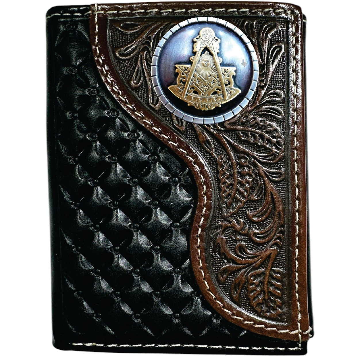 Past Master Blue Lodge Wallet - Nocona Black & Cherry Floral Tooled Overlay