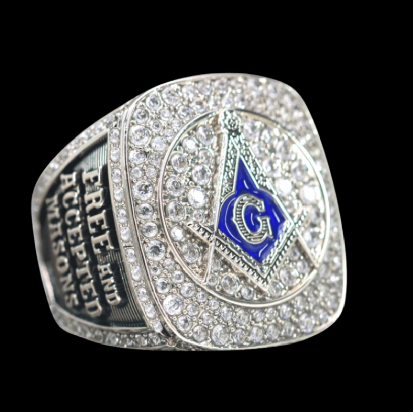 Master Mason Blue Lodge Ring - Sterling Silver With Rhinestones - Bricks Masons