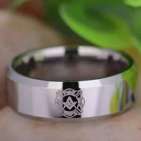 Firefighter Ring - Silver Beveled Tungsten Personalizable - Bricks Masons