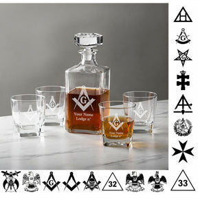 FREE ENGRAVING Personalized 5 piece Masonic Square Decanter Set