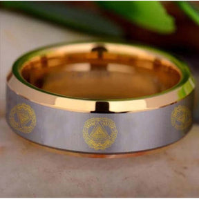 Grand Master Blue Lodge  Ring - Gold Beveled Tungsten Personalizable