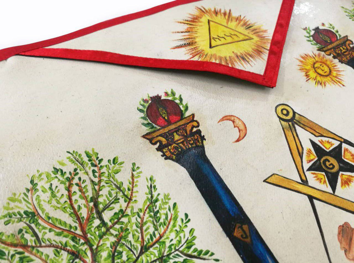 Hand-Painted Apron - Lambskin The Two Pillars of Jachin and Boaz - Bricks Masons