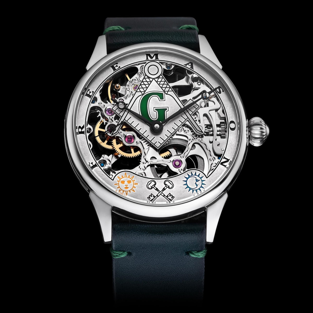 Master Mason Blue Lodge Wristwatch -  Silver Skeleton Dial Intricate Detailing - Bricks Masons