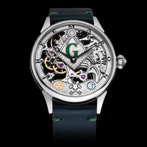 Master Mason Blue Lodge Wristwatch -  Silver Skeleton Dial Intricate Detailing