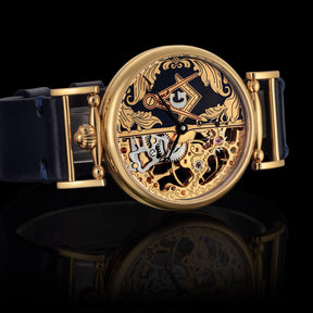 Master Mason Blue Lodge Wristwatch - Gold Skeleton Dial Intricate Detailing