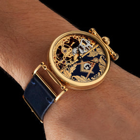 Master Mason Blue Lodge Wristwatch - Gold Skeleton Dial Intricate Detailing