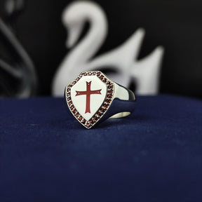 Knights Templar Ring - Red Enamel Cross Shield Shape - Bricks Masons
