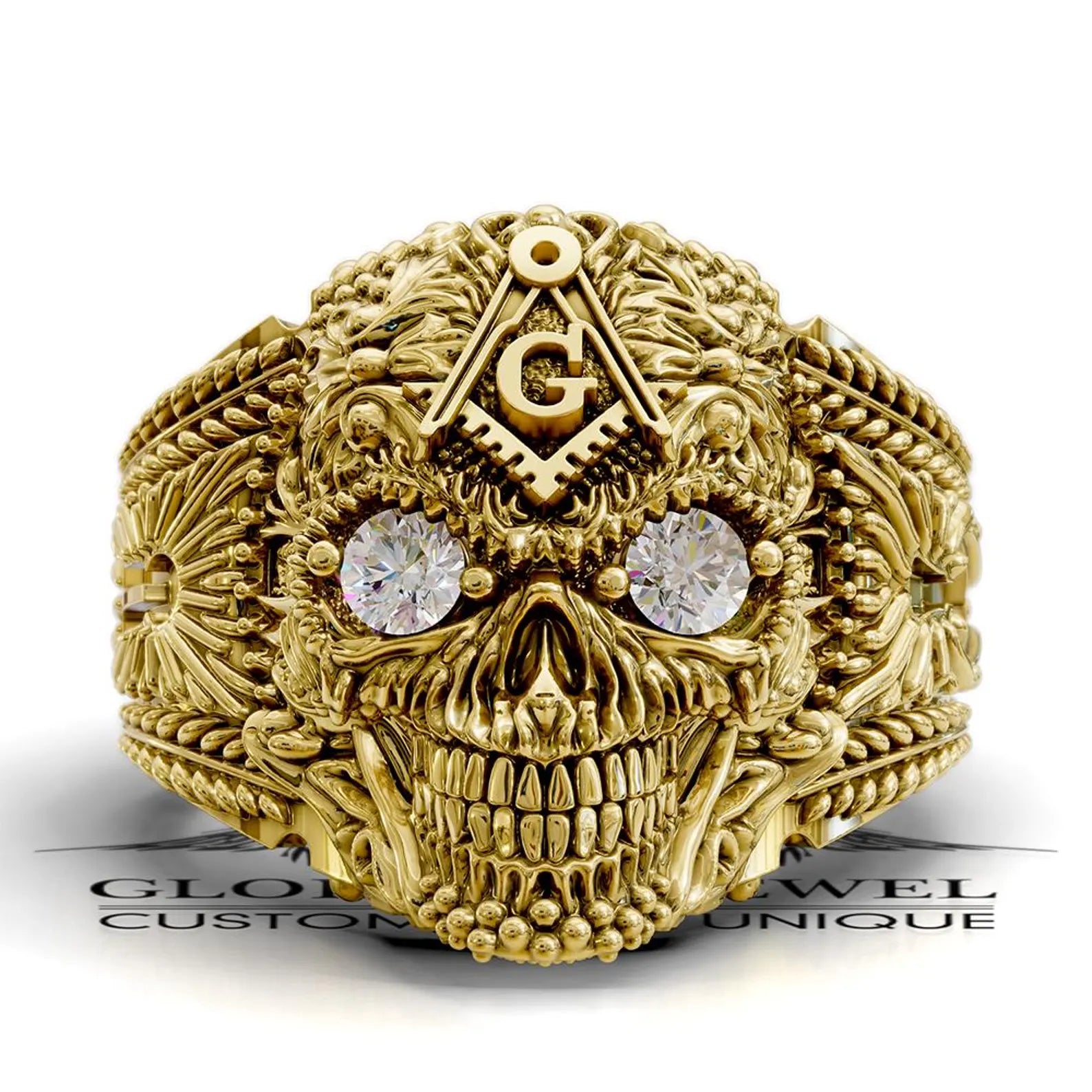 Master Mason Blue Lodge Ring - Skull With Stones S & C - Bricks Masons