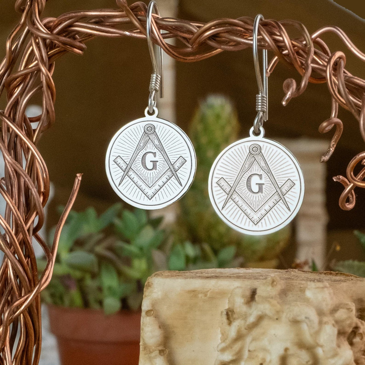 Master Mason Blue Lodge Earrings - Square & Compass G Various Materials - Bricks Masons