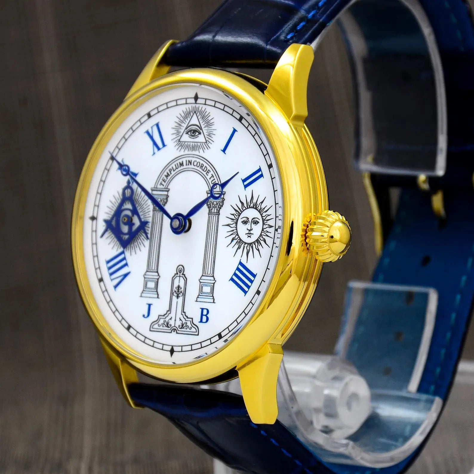 Master Mason Blue Lodge Wristwatch - Stainless Steel Case With Leather Strap & Symbols