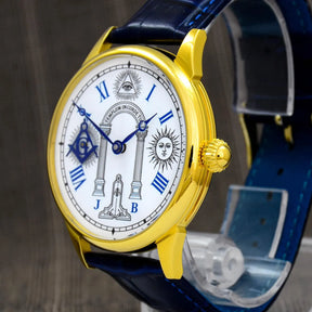 Master Mason Blue Lodge Wristwatch - Stainless Steel Case With Leather Strap & Symbols