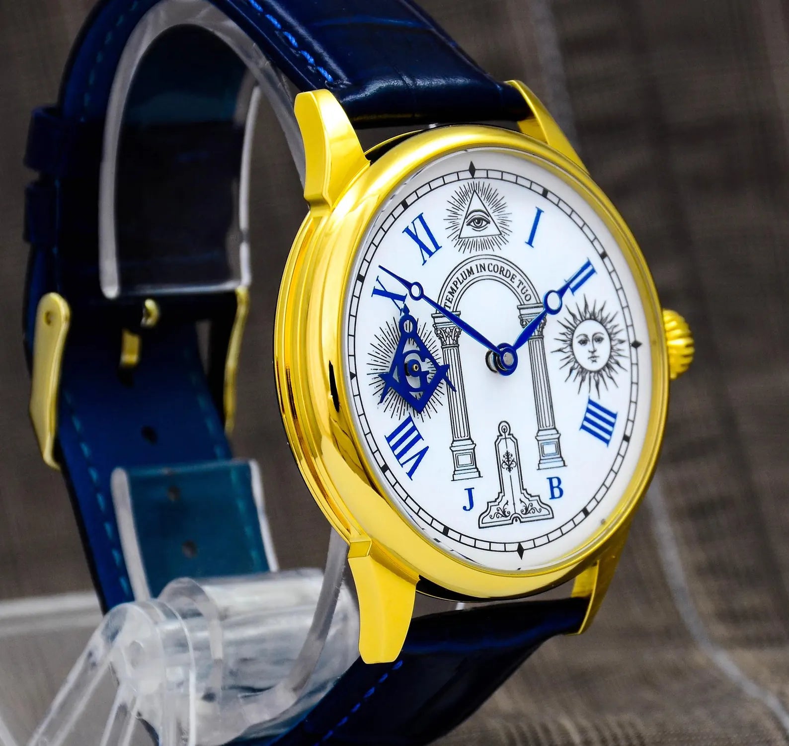 Master Mason Blue Lodge Wristwatch - Stainless Steel Case With Leather Strap & Symbols