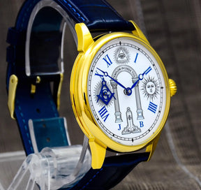 Master Mason Blue Lodge Wristwatch - Stainless Steel Case With Leather Strap & Symbols