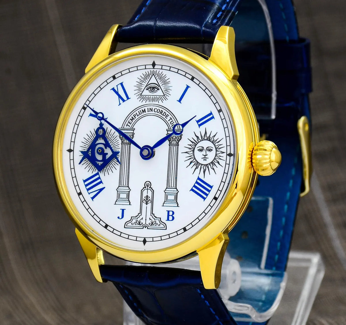 Master Mason Blue Lodge Wristwatch - Stainless Steel Case With Leather Strap & Symbols