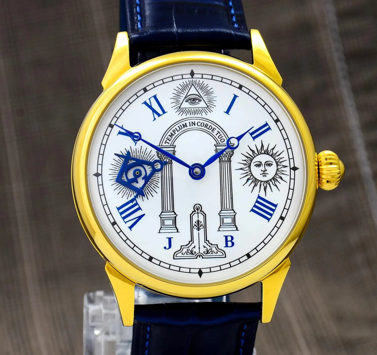 Master Mason Blue Lodge Wristwatch - Stainless Steel Case With Leather Strap & Symbols