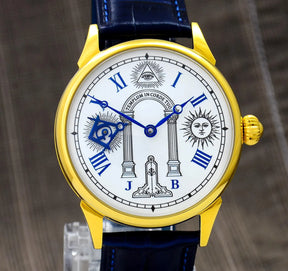 Master Mason Blue Lodge Wristwatch - Stainless Steel Case With Leather Strap & Symbols