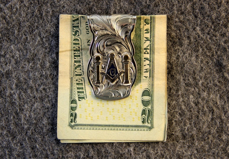Master Mason Blue Lodge Money Clip - Nickel Gold Tones & Blue Square & Compass G - Bricks Masons