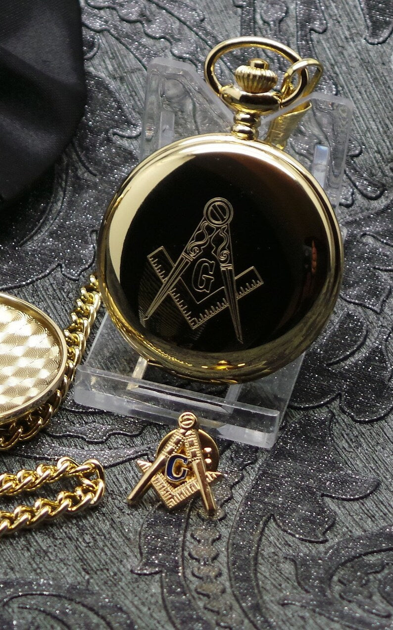 Master Mason Blue Lodge Pocket Watch 24k Gold Lapel Pin Badge