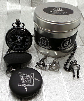 Master Mason Blue Lodge Pocket Watch - Black Luxury Set With Cufflinks Custom Engraving - Bricks Masons