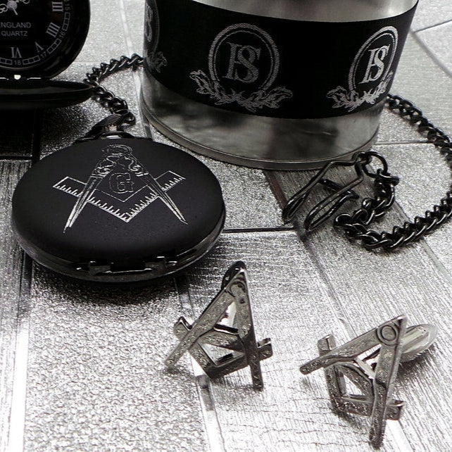 Master Mason Blue Lodge Pocket Watch - Black Luxury Set With Cufflinks Custom Engraving - Bricks Masons
