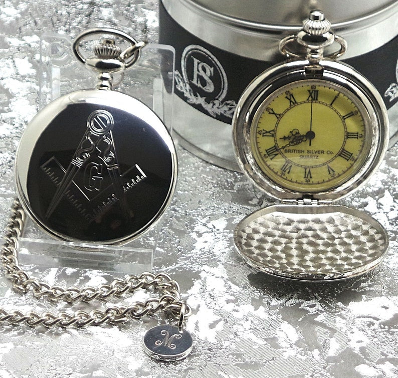 Master Mason Blue Lodge Pocket Watch - Custom Engraving Silver Chain - Bricks Masons