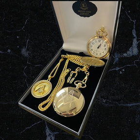 Master Mason Blue Lodge Pocket Watch - Gift Set With A Set Of Necklace 24k Gold Clad Engraved - Bricks Masons