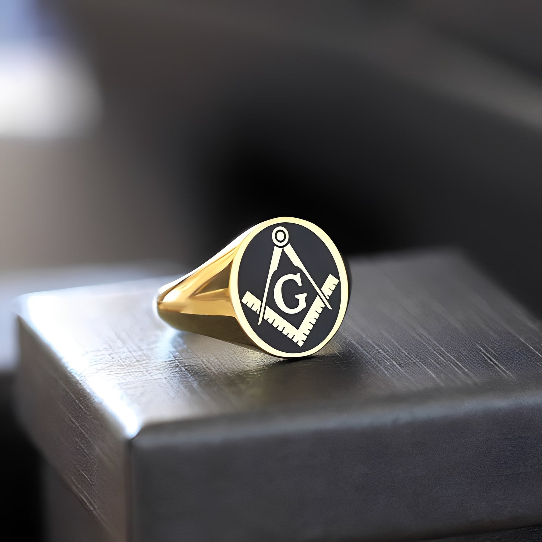 Master Mason Blue Lodge Ring - Gold With Black Enamel Various Materials - Bricks Masons