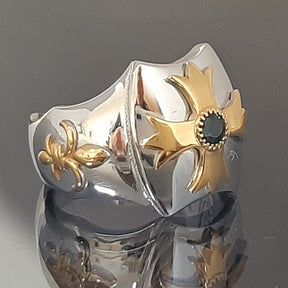 Knights Templar Ring - Gold Plated Cross Sterling Silver & Blue Sapphire