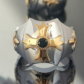 Knights Templar Ring - Gold Plated Cross Sterling Silver & Blue Sapphire
