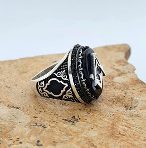 Master Mason Blue Lodge Ring - Handmade Sterling Silver Onyx - Bricks Masons