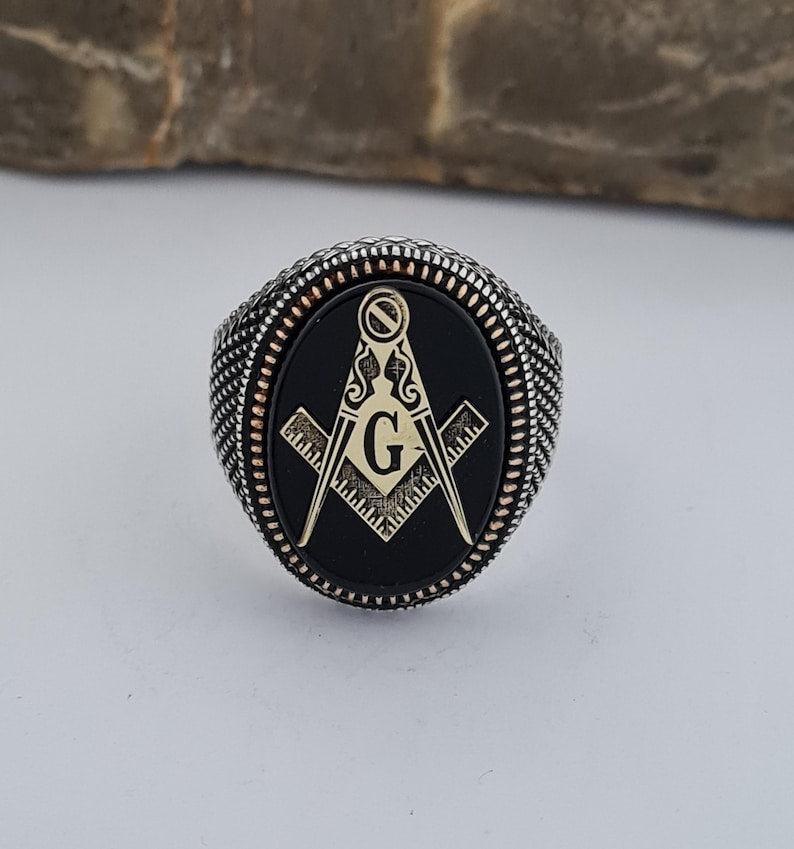 Master Mason Blue Lodge Ring - Handmade Sterling Silver Onyx - Bricks Masons