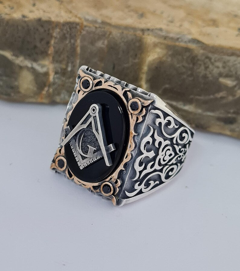 Master Mason Blue Lodge Ring - Handmade Sterling Silver Onyx - Bricks Masons