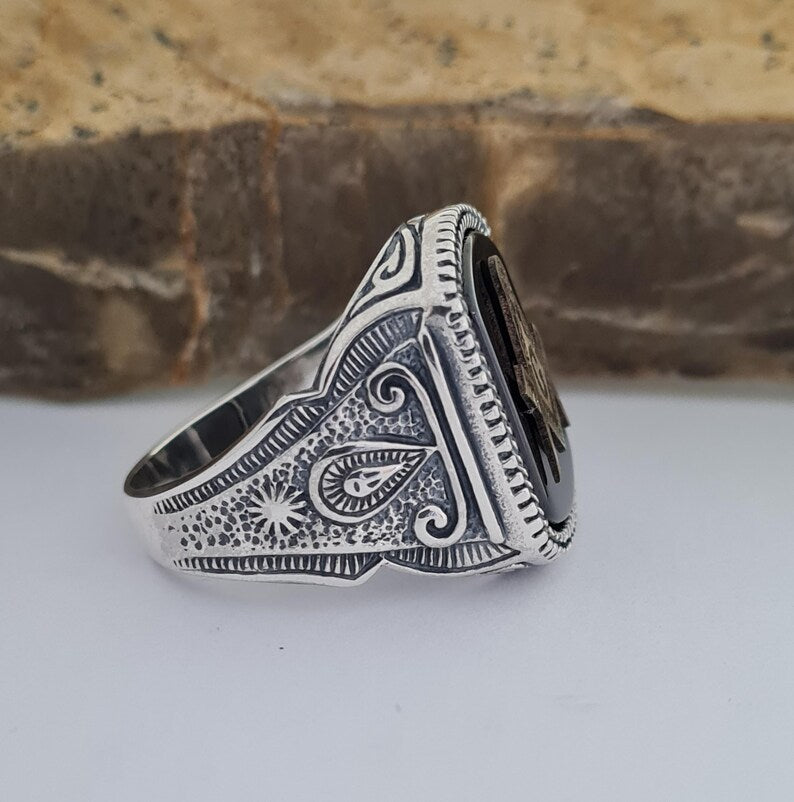 Master Mason Blue Lodge Ring - Handmade Sterling Silver Onyx - Bricks Masons