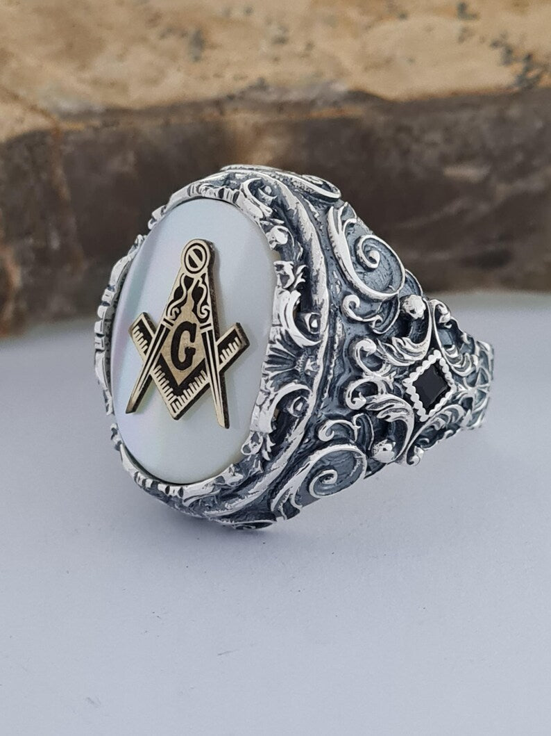 Master Mason Blue Lodge Ring - Handmade Sterling Silver Mother of Pearl - Bricks Masons