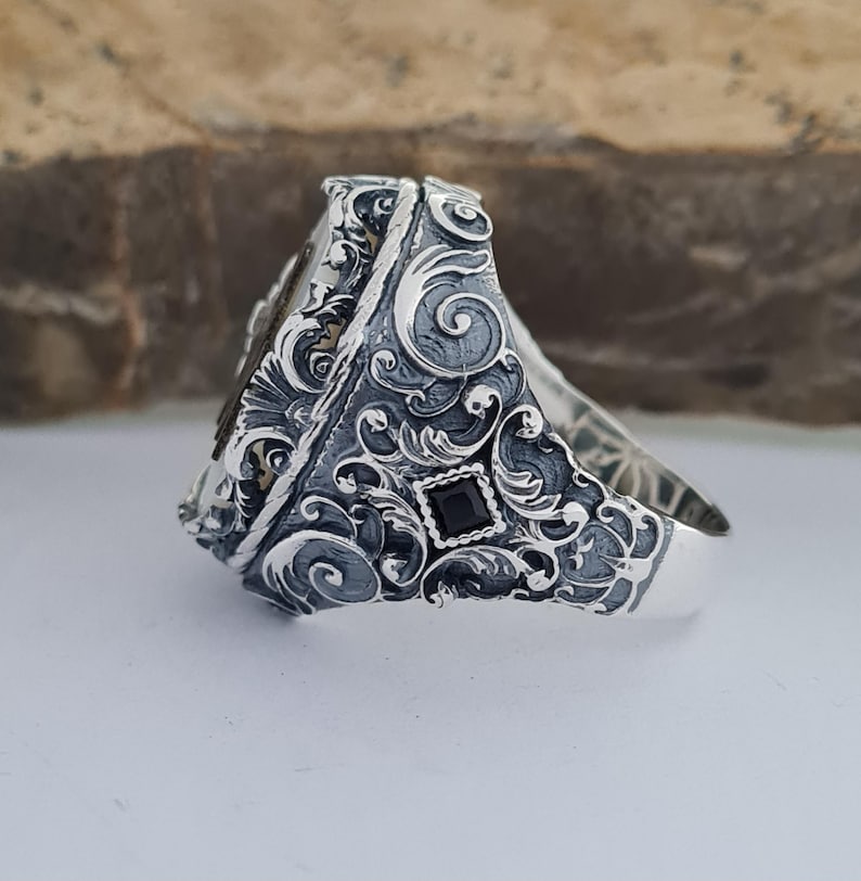 Master Mason Blue Lodge Ring - Handmade Sterling Silver Mother of Pearl - Bricks Masons