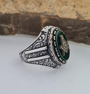 Master Mason Blue Lodge Ring - Handmade Sterling Silver Green Agate - Bricks Masons