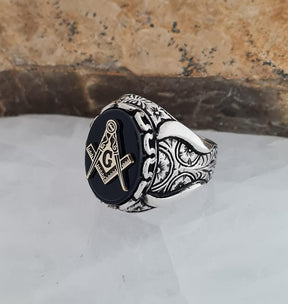 Master Mason Blue Lodge Ring - Black Onyx Freemason Symbol - Bricks Masons