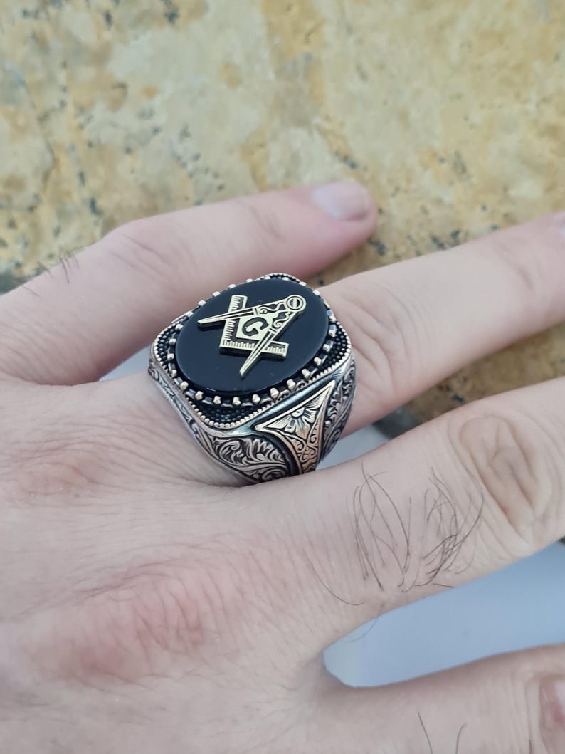 Master Mason Blue Lodge Ring - Handmade Sterling Silver Black Onyx - Bricks Masons