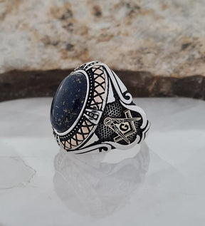Master Mason Blue Lodge Ring - Handcrafted Sterling Silver Lapis Lazuli Stone - Bricks Masons