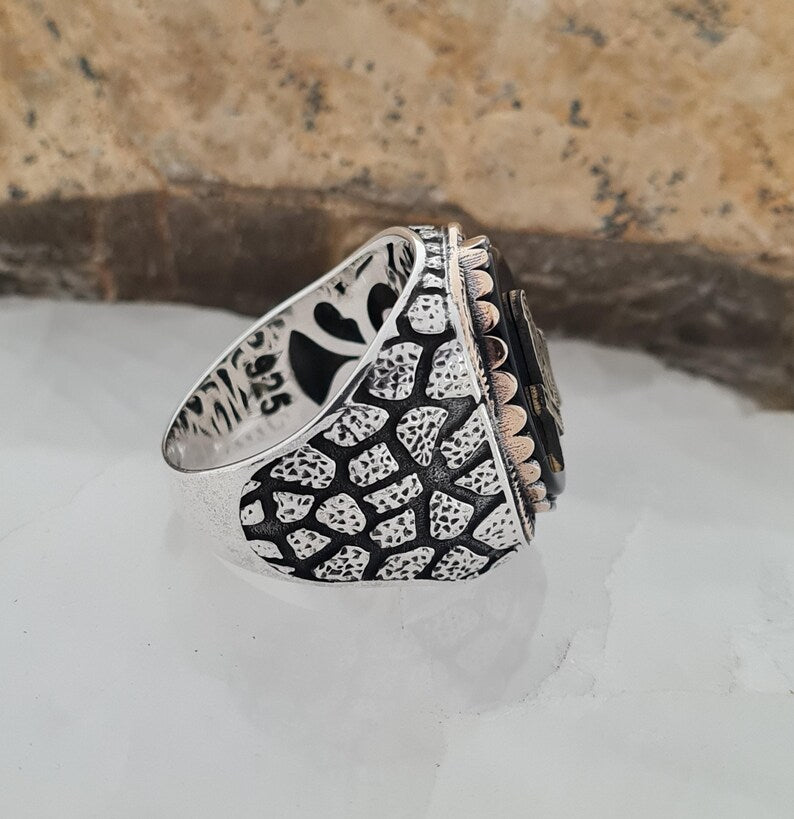 Handmade Sterling Silver Masonic Ring: Black Onyx Freemason Symbol - Bricks Masons
