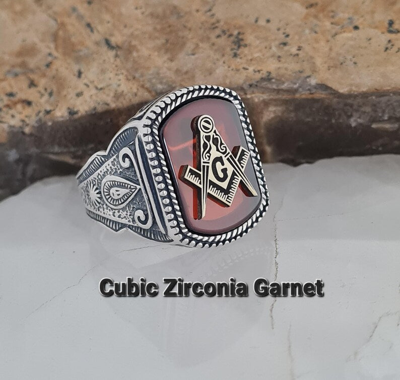 Master Mason Blue Lodge Ring - Handmade Sterling Silver Onyx - Bricks Masons
