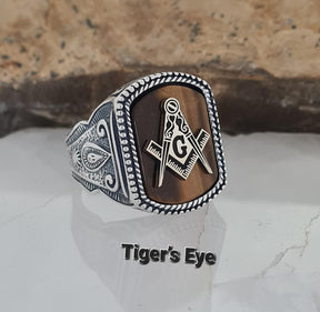 Master Mason Blue Lodge Ring - Handmade Sterling Silver Onyx - Bricks Masons