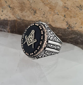 Master Mason Blue Lodge Ring - Handmade Sterling Silver Onyx Masonic - Bricks Masons