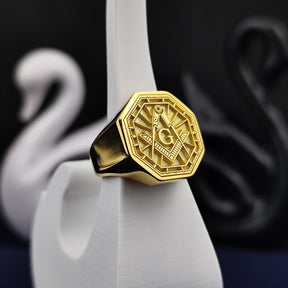 Master Mason Blue Lodge Ring - Octagon Gold Plated S & C With G Customizable - Bricks Masons